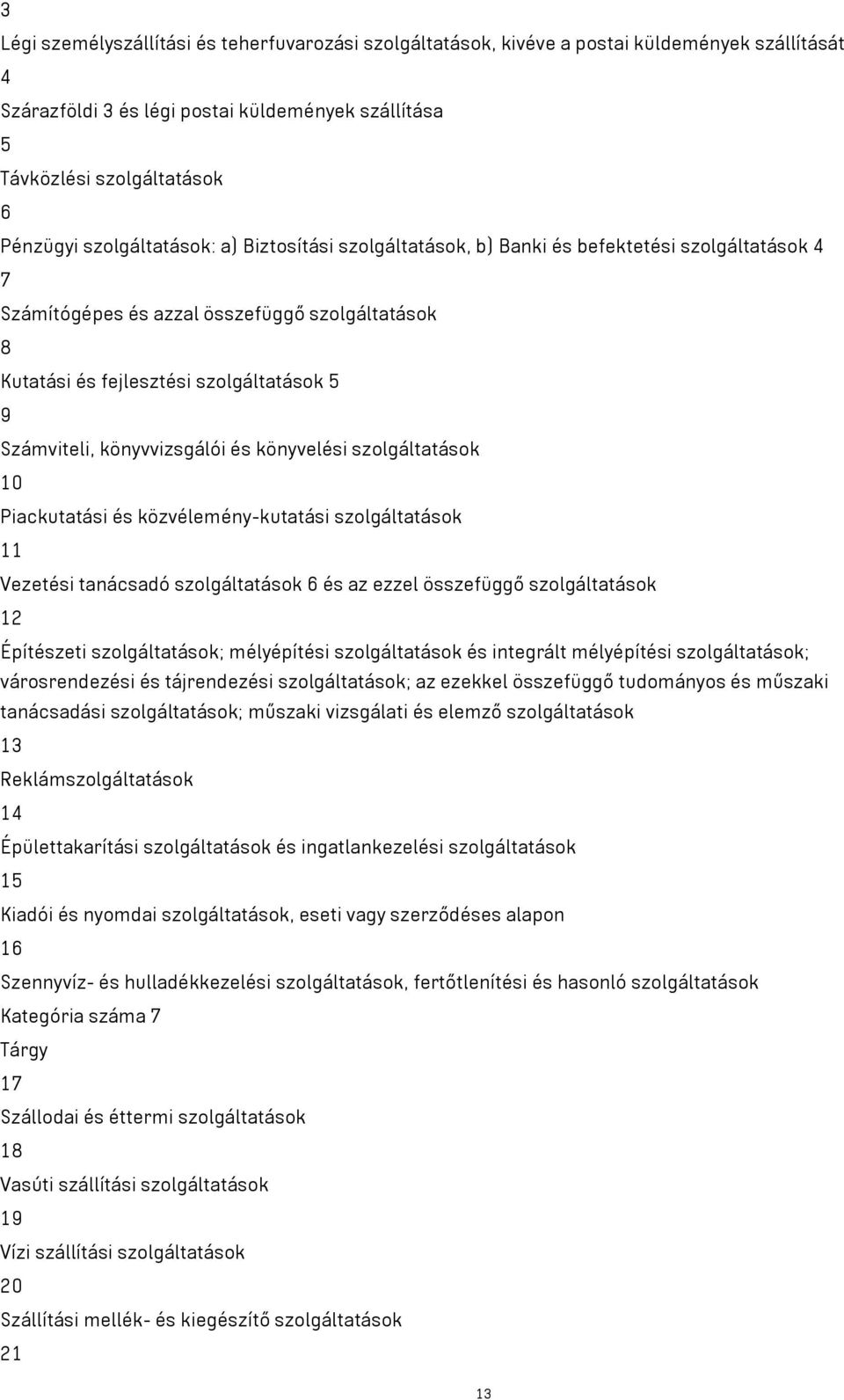 könyvvizsgálói és könyvelési szolgáltatások 10 Piackutatási és közvélemény-kutatási szolgáltatások 11 Vezetési tanácsadó szolgáltatások 6 és az ezzel összefüggő szolgáltatások 12 Építészeti