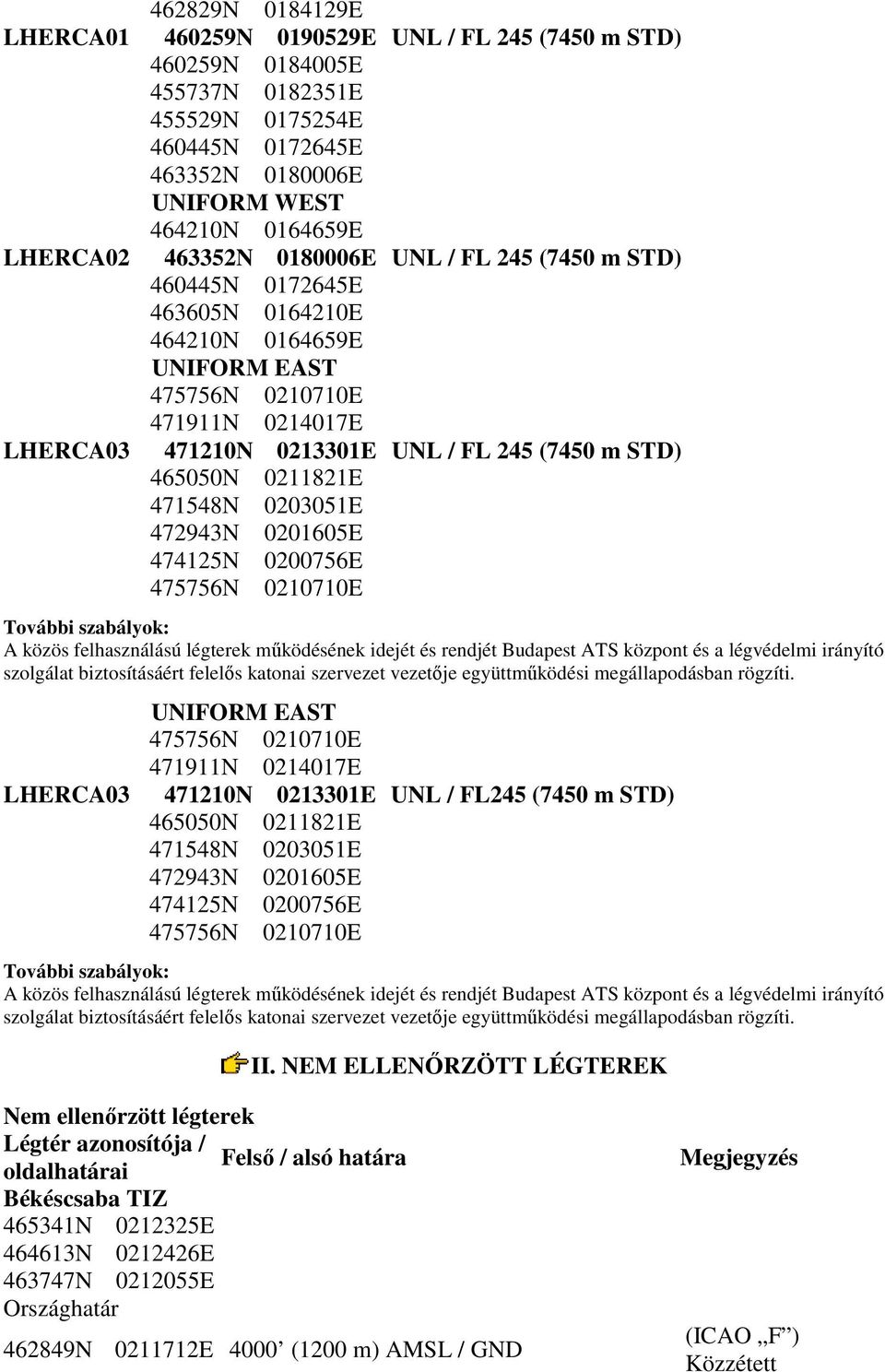 465050N 0211821E 471548N 0203051E 472943N 0201605E 474125N 0200756E 475756N 0210710E További szabályok: A közös felhasználású légterek mőködésének idejét és rendjét Budapest ATS központ és a