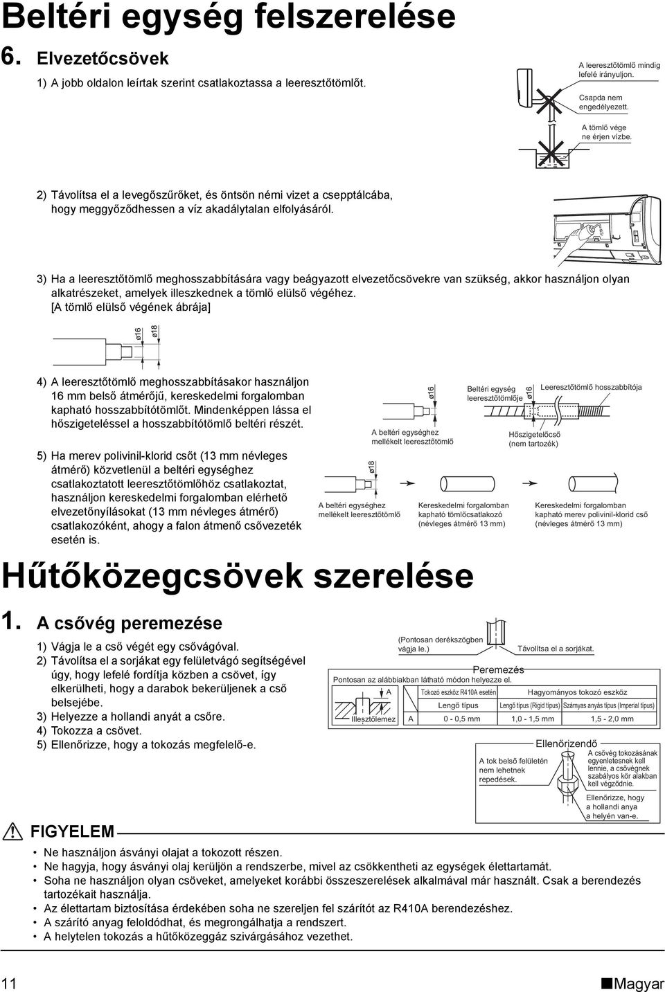 3) Ha a leeresztőtömlő meghosszabbítására vagy beágyazott elvezetőcsövekre van szükség, akkor használjon olyan alkatrészeket, amelyek illeszkednek a tömlő elülső végéhez.