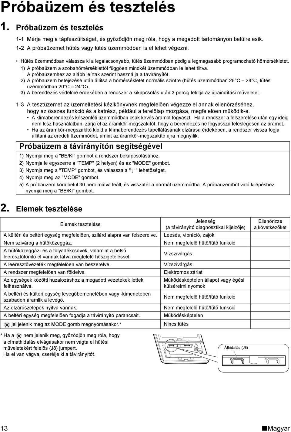 1) A próbaüzem a szobahőmérséklettől függően mindkét üzemmódban le lehet tiltva. A próbaüzemhez az alább leírtak szerint használja a távirányítót.