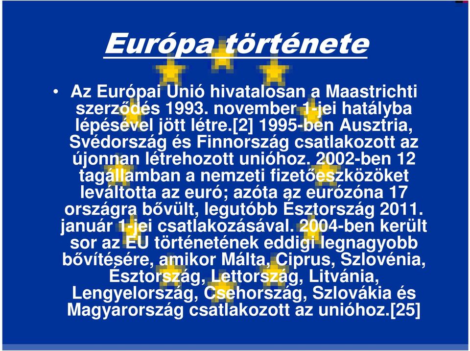 2002-ben 12 tagállamban a nemzeti fizetőeszközöket leváltotta az euró; azóta az eurózóna 17 országra bővült, legutóbb Észtország 2011.