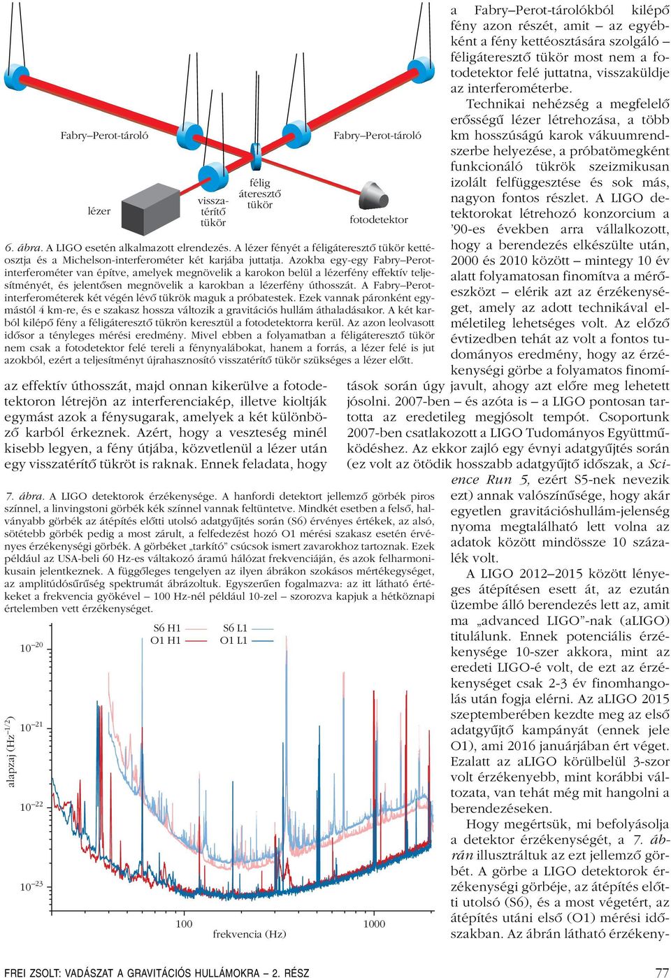 Ennek feladata, hogy alapzaj (Hz ) 1/2 20 21 22 23 S6 H1 O1 H1 S6 L1 O1 L1 Fabry Perot-tároló fotodetektor 6. ábra. A LIGO esetén alkalmazott elrendezés.