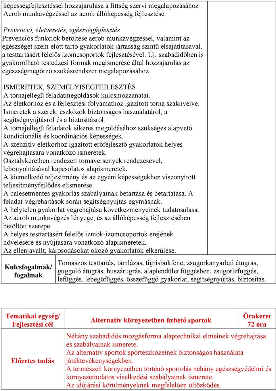 felelős izomcsoportok fejlesztésével. Új, szabadidőben is gyakorolható testedzési formák megismerése által hozzájárulás az egészségmegőrző szokásrendszer megalapozásához.