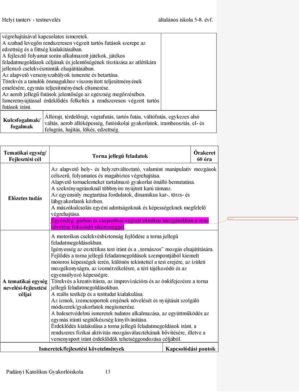 Az alapvető versenyszabályok ismerete és betartása. Törekvés a tanulók önmagukhoz viszonyított teljesítményének emelésére, egymás teljesítményének elismerése.