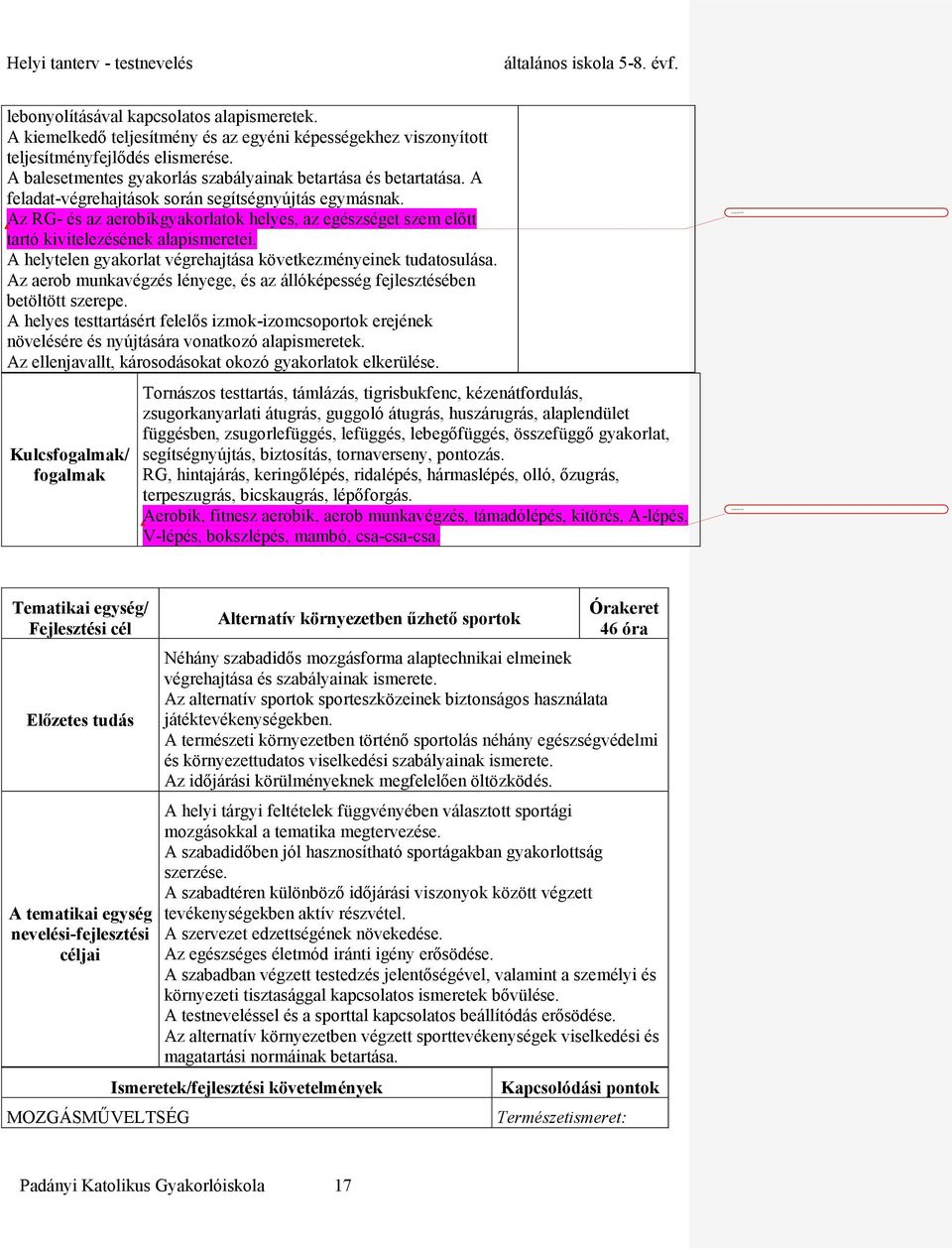 Az RG- és az aerobikgyakorlatok helyes, az egészséget szem előtt tartó kivitelezésének alapismeretei. A helytelen gyakorlat végrehajtása következményeinek tudatosulása.