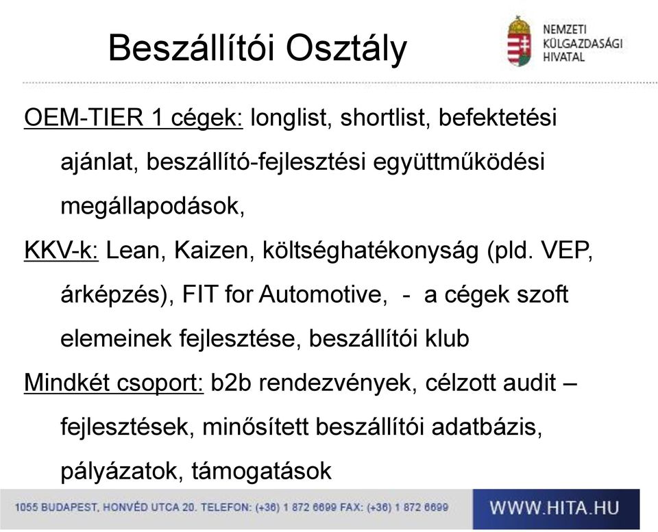 (pld. VEP, árképzés), FIT for Automotive, - a cégek szoft elemeinek fejlesztése, beszállítói klub