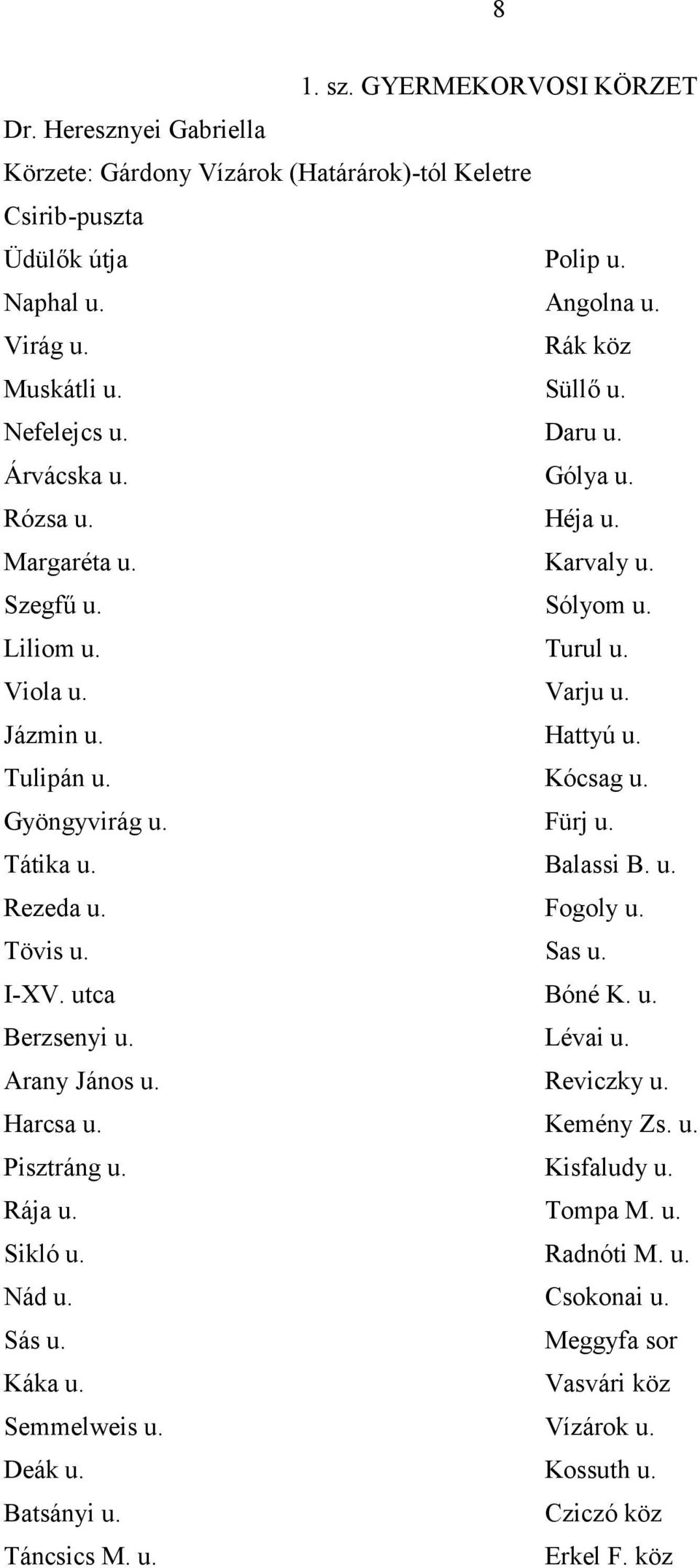 Gyöngyvirág u. Fürj u. Tátika u. Balassi B. u. Rezeda u. Fogoly u. Tövis u. Sas u. I-XV. utca Bóné K. u. Berzsenyi u. Lévai u. Arany János u. Reviczky u. Harcsa u. Kemény Zs. u. Pisztráng u.