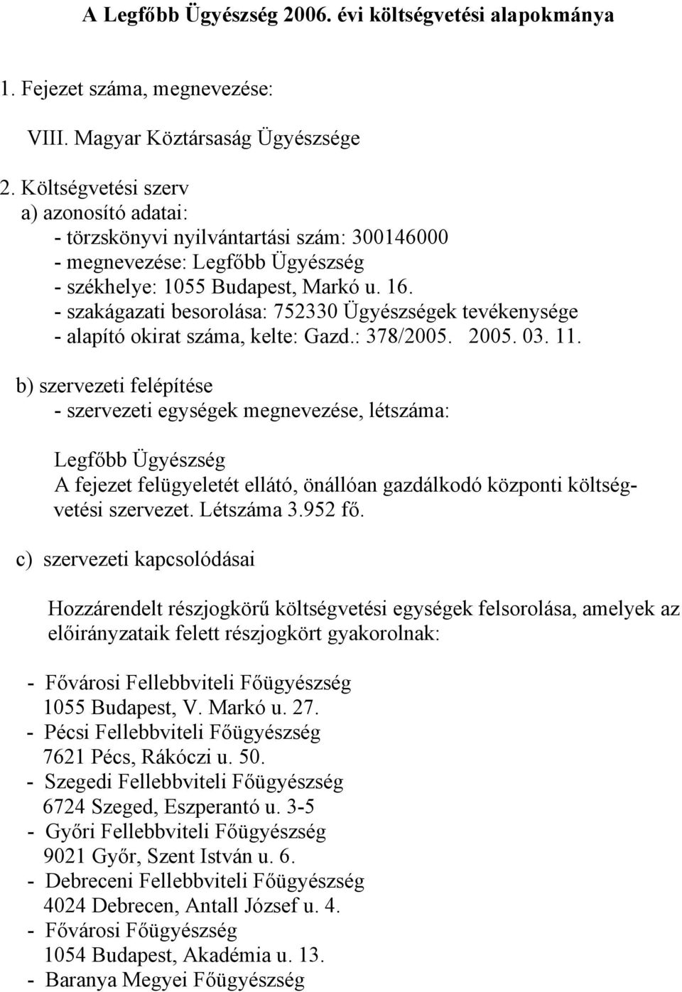 - szakágazati besorolása: 752330 Ügyészségek tevékenysége - alapító okirat száma, kelte: Gazd.: 378/2005. 2005. 03. 11.