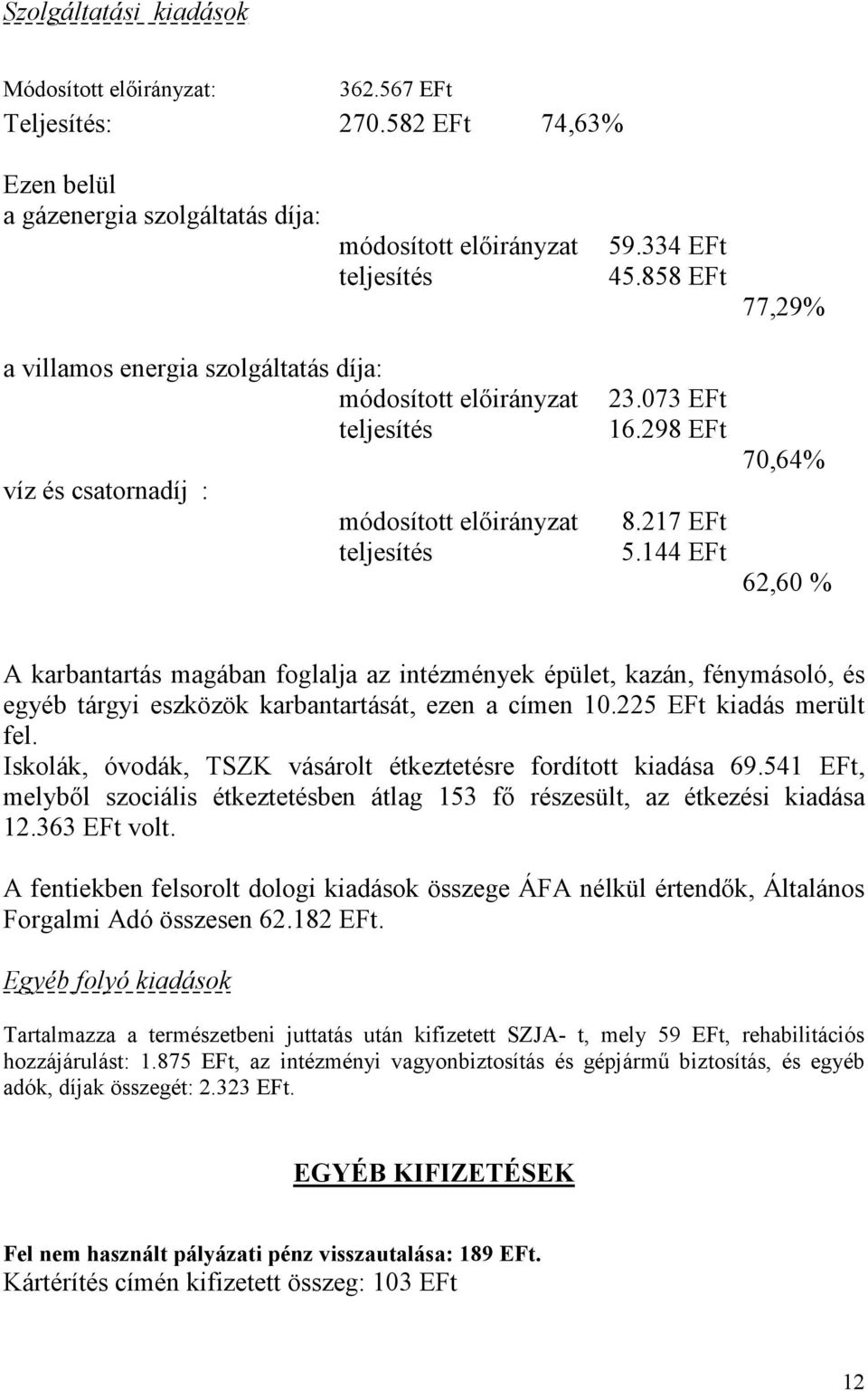 144 EFt 70,64% 62,60 % A karbantartás magában foglalja az intézmények épület, kazán, fénymásoló, és egyéb tárgyi eszközök karbantartását, ezen a címen 10.225 EFt kiadás merült fel.