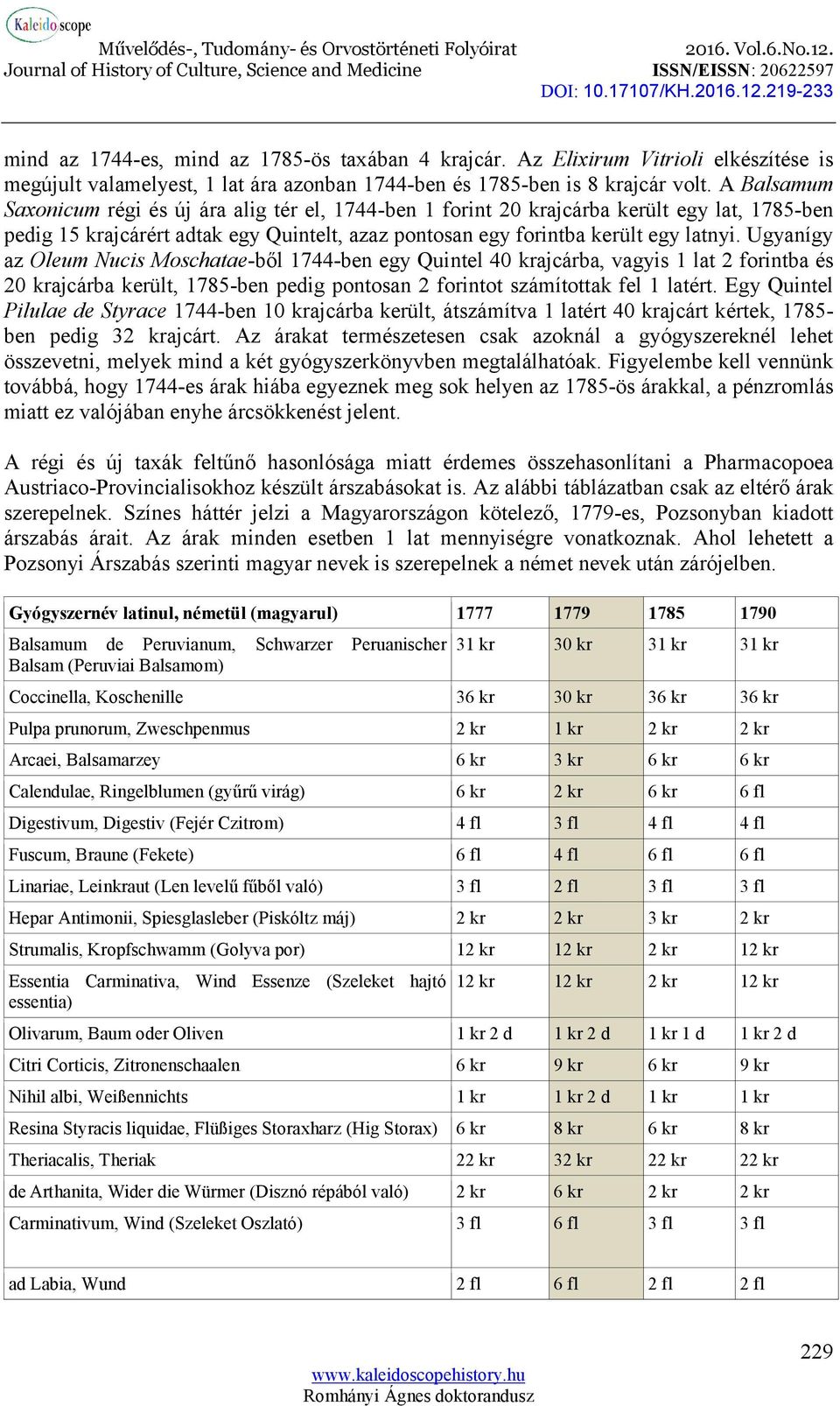 Ugyanígy az Oleum Nucis Moschatae-ből 1744-ben egy Quintel 40 krajcárba, vagyis 1 lat 2 forintba és 20 krajcárba került, 1785-ben pedig pontosan 2 forintot számítottak fel 1 latért.