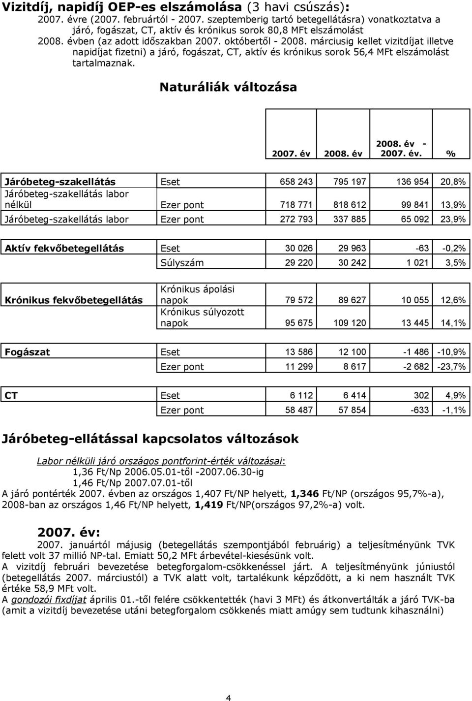 márciusig kellet vizitdíjat illetve napidíjat fizetni) a járó, fogászat, CT, aktív és krónikus sorok 56,4 MFt elszámolást tartalmaznak. Naturáliák változása 2007. év 