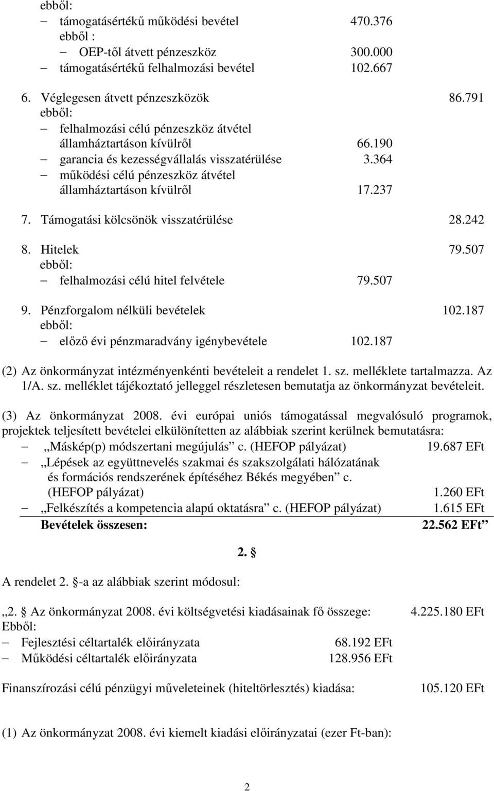 Támogatási kölcsönök visszatérülése 28.242 8. Hitelek 79.507 ebbıl: felhalmozási célú hitel felvétele 79.507 9. Pénzforgalom nélküli bevételek 102.187 ebbıl: elızı évi pénzmaradvány igénybevétele 102.