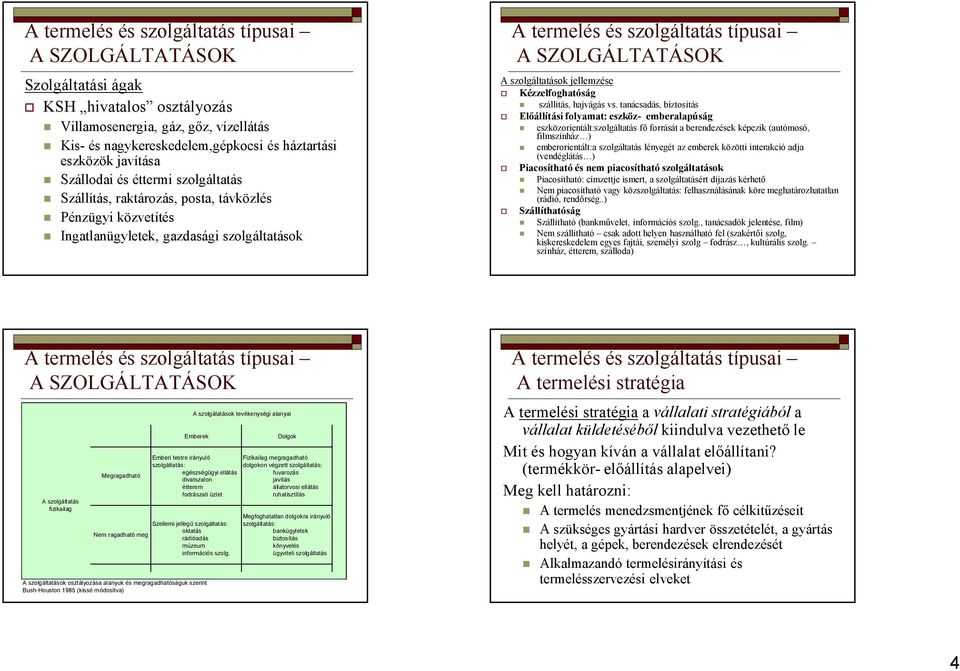 tanácsadás, biztosítás Előállítási folyamat: eszköz- emberalapúság eszközorientált:szolgáltatás fő forrását a berendezések képezik (autómosó, filmszínház ) emberorientált:a szolgáltatás lényegét az