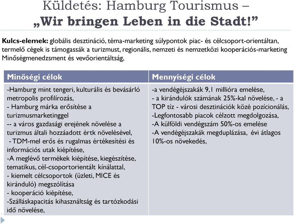 Minőségmenedzsment és vevőorientáltság, Minőségi célok -Hamburg mint tengeri, kulturális és bevásárló metropolis profilírozás, - Hamburg márka erősítése a turizmusmarketinggel -- a város gazdasági