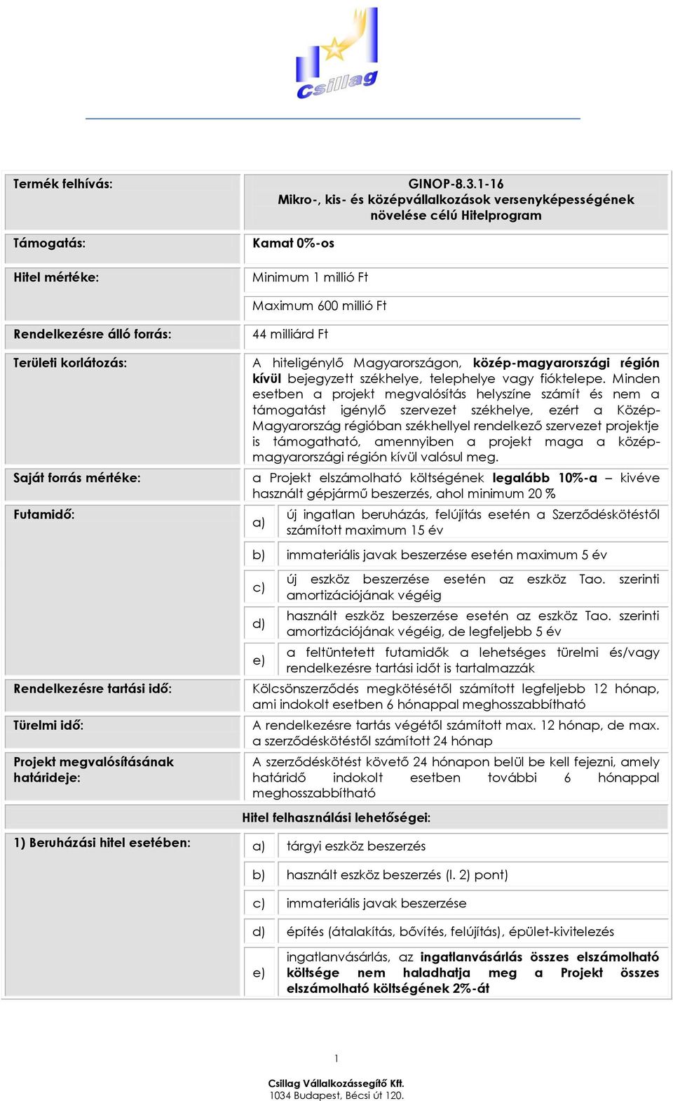 mértéke: Futamidő: Rendelkezésre tartási idő: Türelmi idő: Projekt megvalósításának határideje: 44 milliárd Ft A hiteligénylő Magyarországon, középmagyarországi régión kívül bejegyzett székhelye,