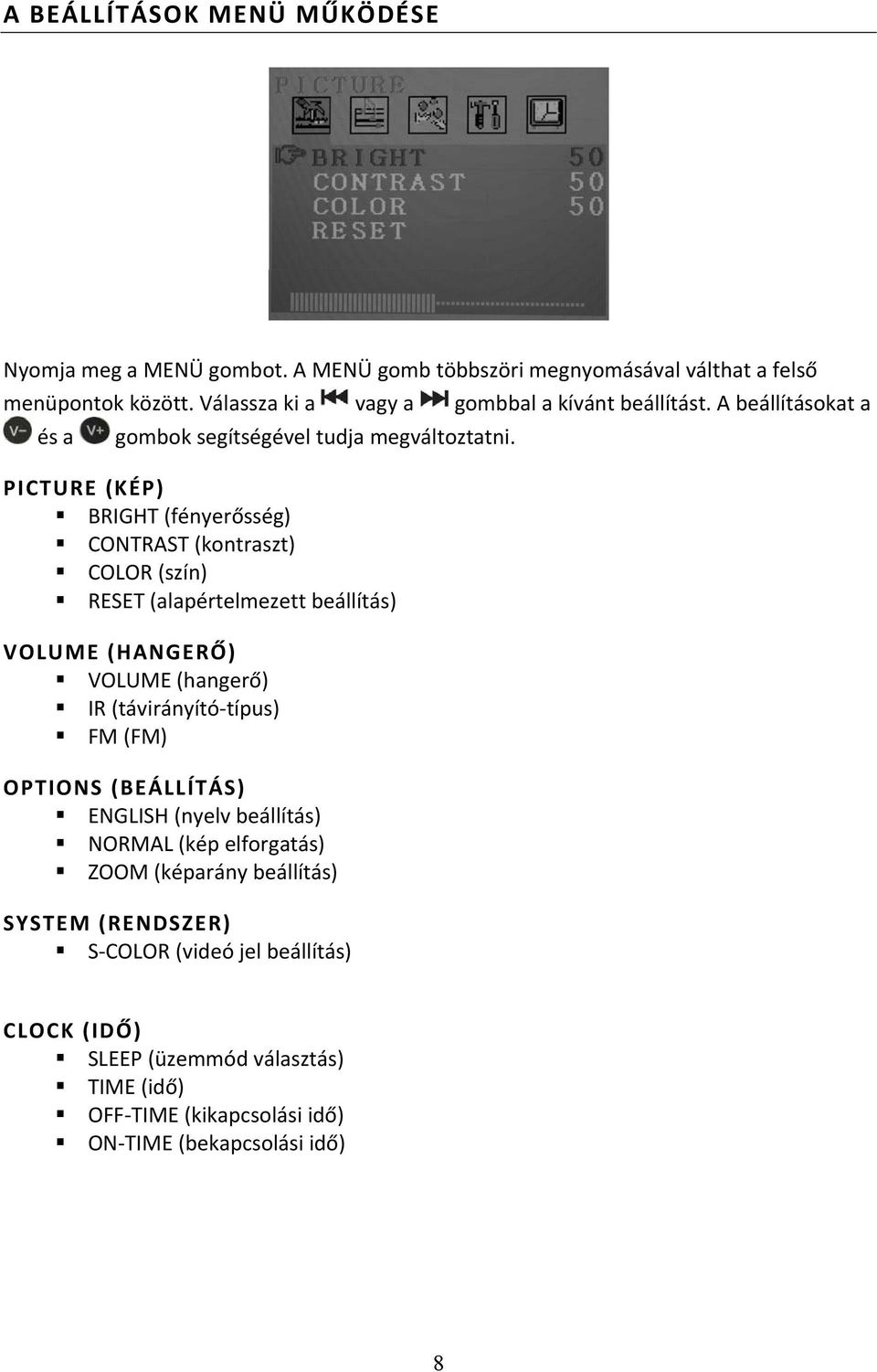 PICTURE (KÉP) BRIGHT (fényerősség) CONTRAST (kontraszt) COLOR (szín) RESET (alapértelmezett beállítás) VOLUME (HANGERŐ) VOLUME (hangerő) IR (távirányító típus) FM