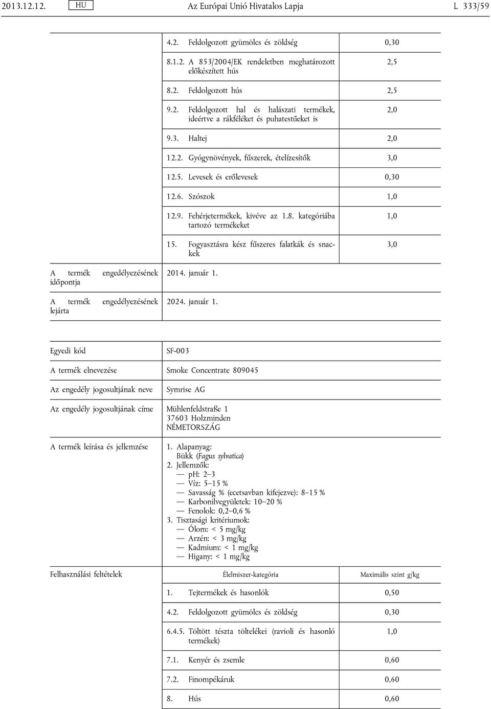 Fogyasztásra kész fűszeres falatkák és snackek 1,0 3,0 SF-003 A termék elnevezése Smoke Concentrate 809045 Symrise AG Az engedély jogosultjának címe Mühlenfeldstraße 1 37603 Holzminden NÉMETORSZÁG 1.