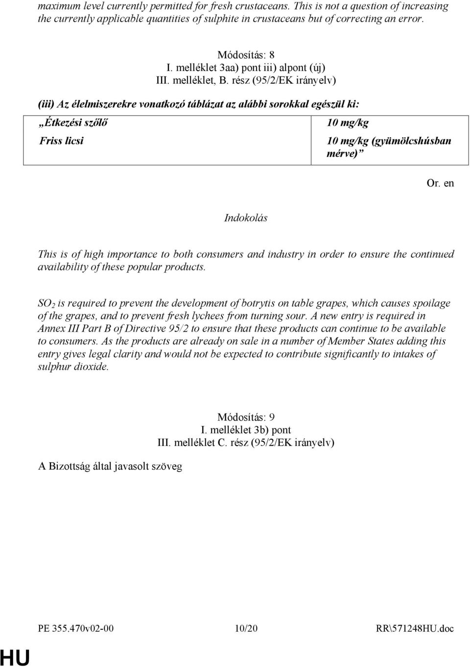rész (95/2/EK irányelv) (iii) Az élelmiszerekre vonatkozó táblázat az alábbi sorokkal egészül ki: Étkezési szılı Friss licsi 10 mg/kg 10 mg/kg (gyümölcshúsban mérve) Or.