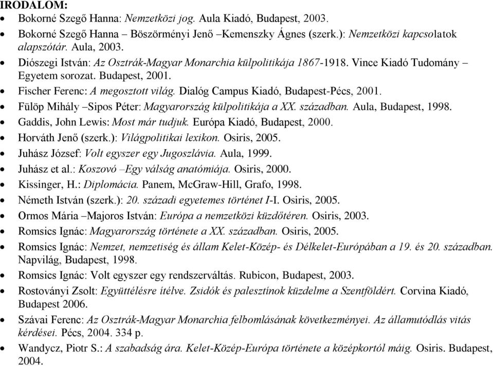 Dialóg Campus Kiadó, Budapest-Pécs, 2001. Fülöp Mihály Sipos Péter: Magyarország külpolitikája a XX. században. Aula, Budapest, 1998. Gaddis, John Lewis: Most már tudjuk. Európa Kiadó, Budapest, 2000.