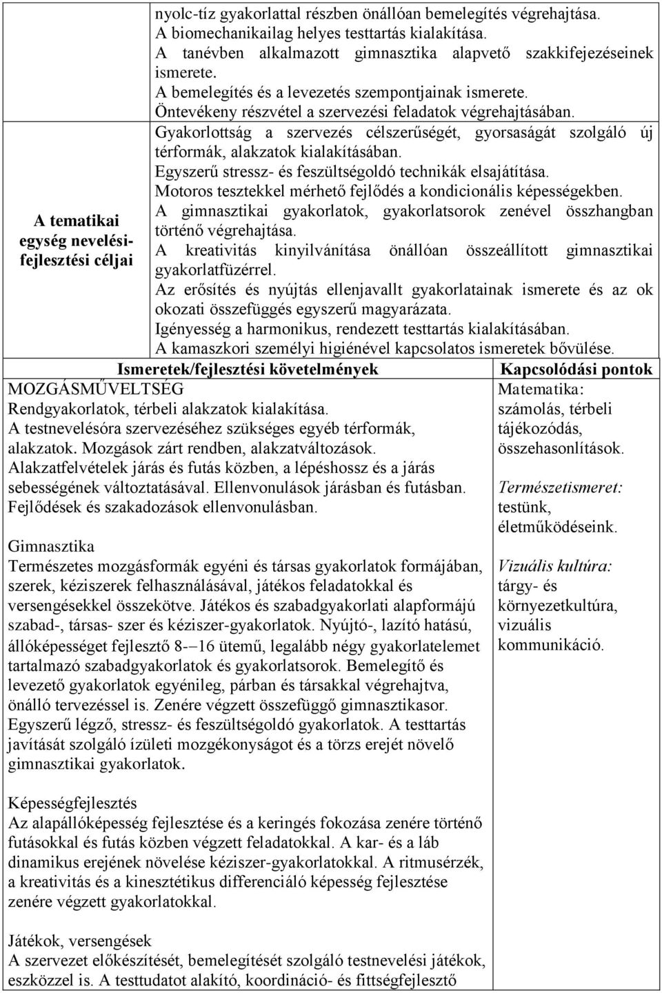 Gyakorlottság a szervezés célszerűségét, gyorsaságát szolgáló új térformák, alakzatok kialakításában. Egyszerű stressz- és feszültségoldó technikák elsajátítása.