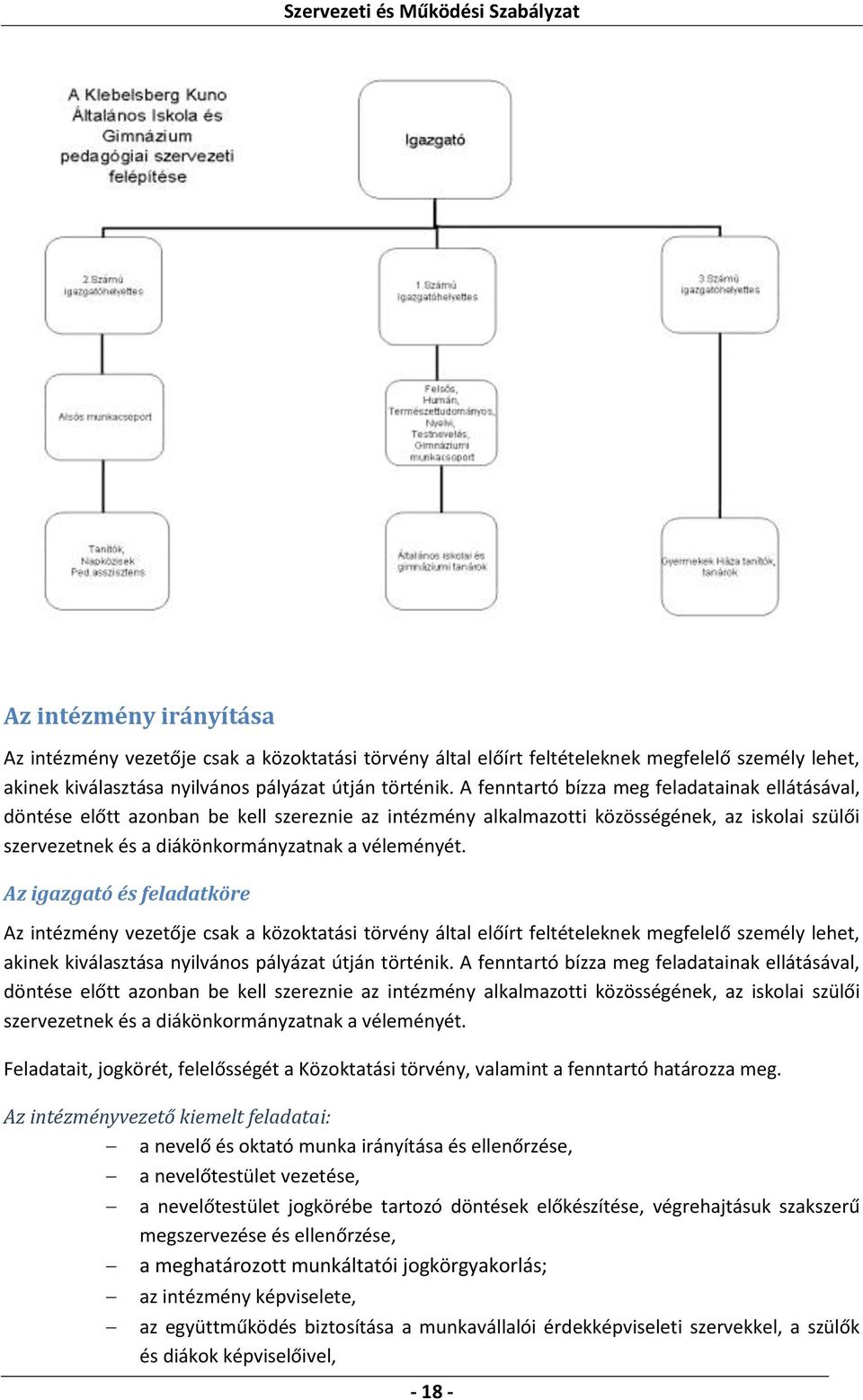 Az igazgató és feladatköre Az intézmény vezetője csak a közoktatási törvény által előírt feltételeknek megfelelő személy lehet, akinek kiválasztása nyilvános pályázat útján történik.