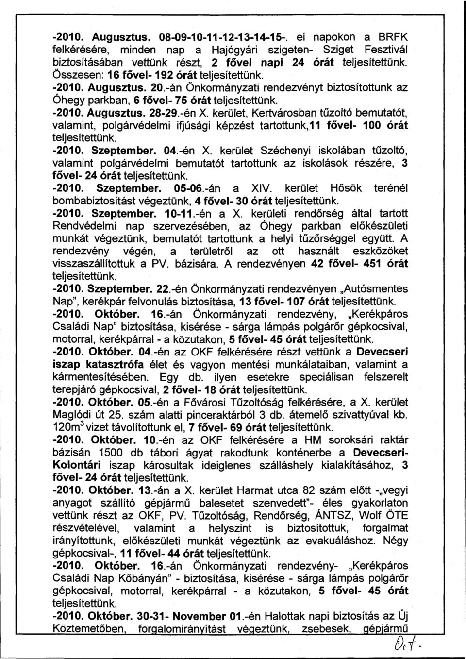 kerület, Kertvárosban tűzoltó bemutatót, valamint, polgárvédelmi ifjúsági képzést tartottunk,11 fővel- 100 órát teljesítettünk. -201 O. Szeptember. 04.-én X.