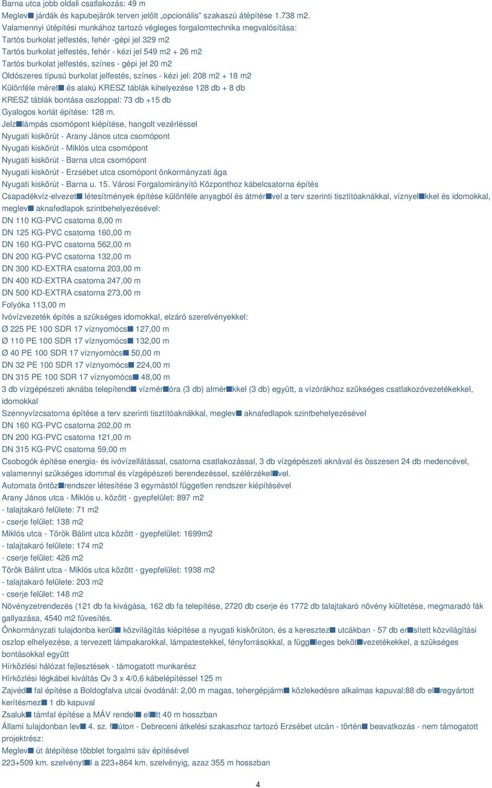 burkolat jelfestés, színes - gépi jel 20 m2 Oldószeres típusú burkolat jelfestés, színes - kézi jel: 208 m2 + 18 m2 Különféle méret és alakú KRESZ táblák kihelyezése 128 db + 8 db KRESZ táblák