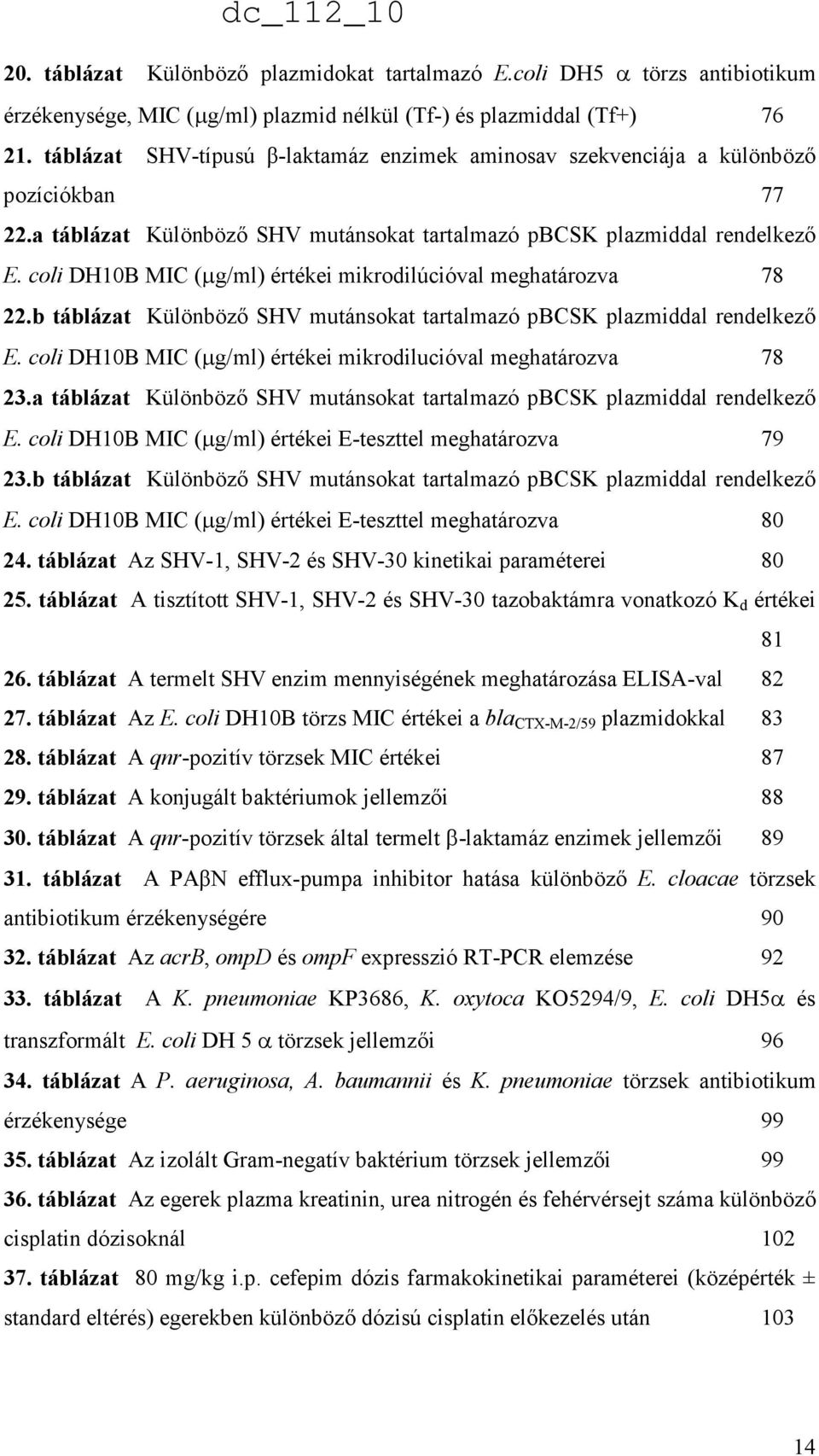 coli DH10B MIC (µg/ml) értékei mikrodilúcióval meghatározva 78 22.b táblázat Különbözı SHV mutánsokat tartalmazó pbcsk plazmiddal rendelkezı E.