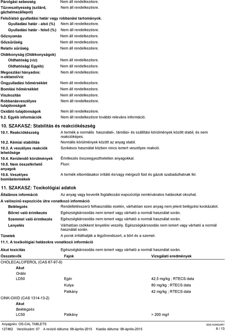 Öngyulladási hőmérséklet Bomlási hőmérséklet Viszkozitás Robbanásveszélyes tulajdonságok Oxidáló tulajdonságok 9.2. Egyéb információk Nem áll rendelkezésre további releváns információ. 10.