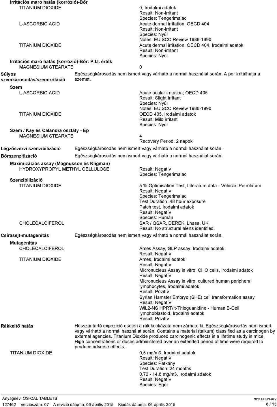 Szem LASCORBIC ACID Acute ocular irritation; OECD 405 Result: Slight irritant Species: Nyúl Notes: EU SCC Review 19861990 OECD 405, Irodalmi adatok Result: Mild irritant Species: Nyúl Szem / Kay és