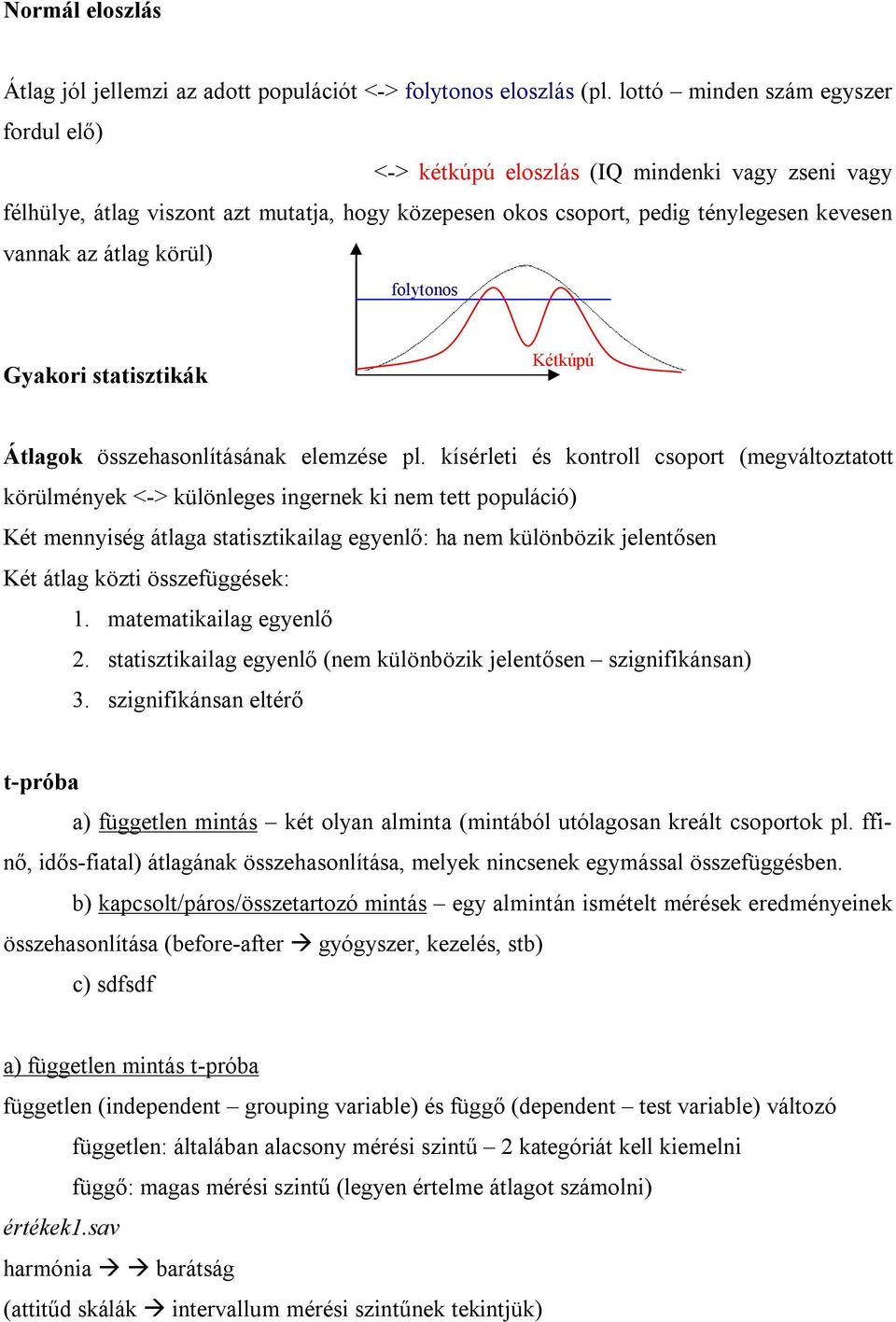 körül) folytonos Gyakori statisztikák Kétkúpú Átlagok összehasonlításának elemzése pl.