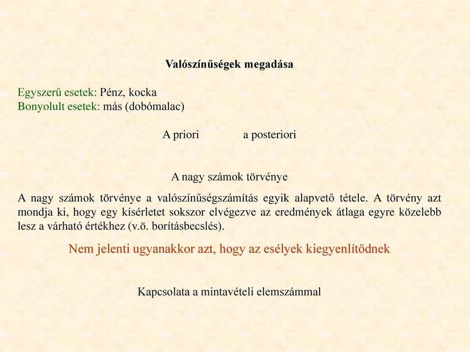 A törvény azt mondja ki, hogy egy kísérletet sokszor elvégezve az eredmények átlaga egyre közelebb lesz a