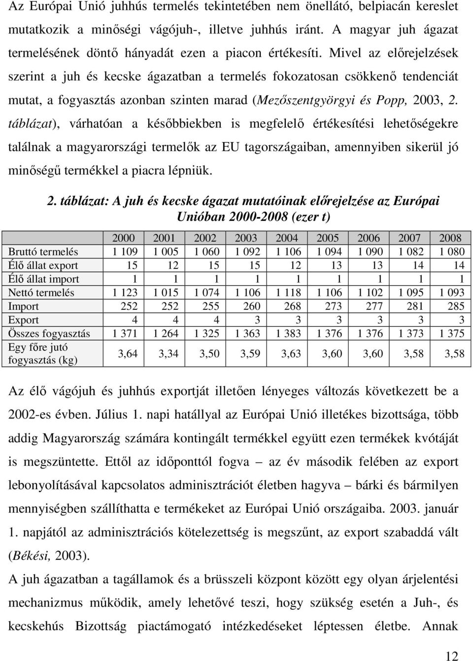 Mivel az elırejelzések szerint a juh és kecske ágazatban a termelés fokozatosan csökkenı tendenciát mutat, a fogyasztás azonban szinten marad (Mezıszentgyörgyi és Popp, 2003, 2.