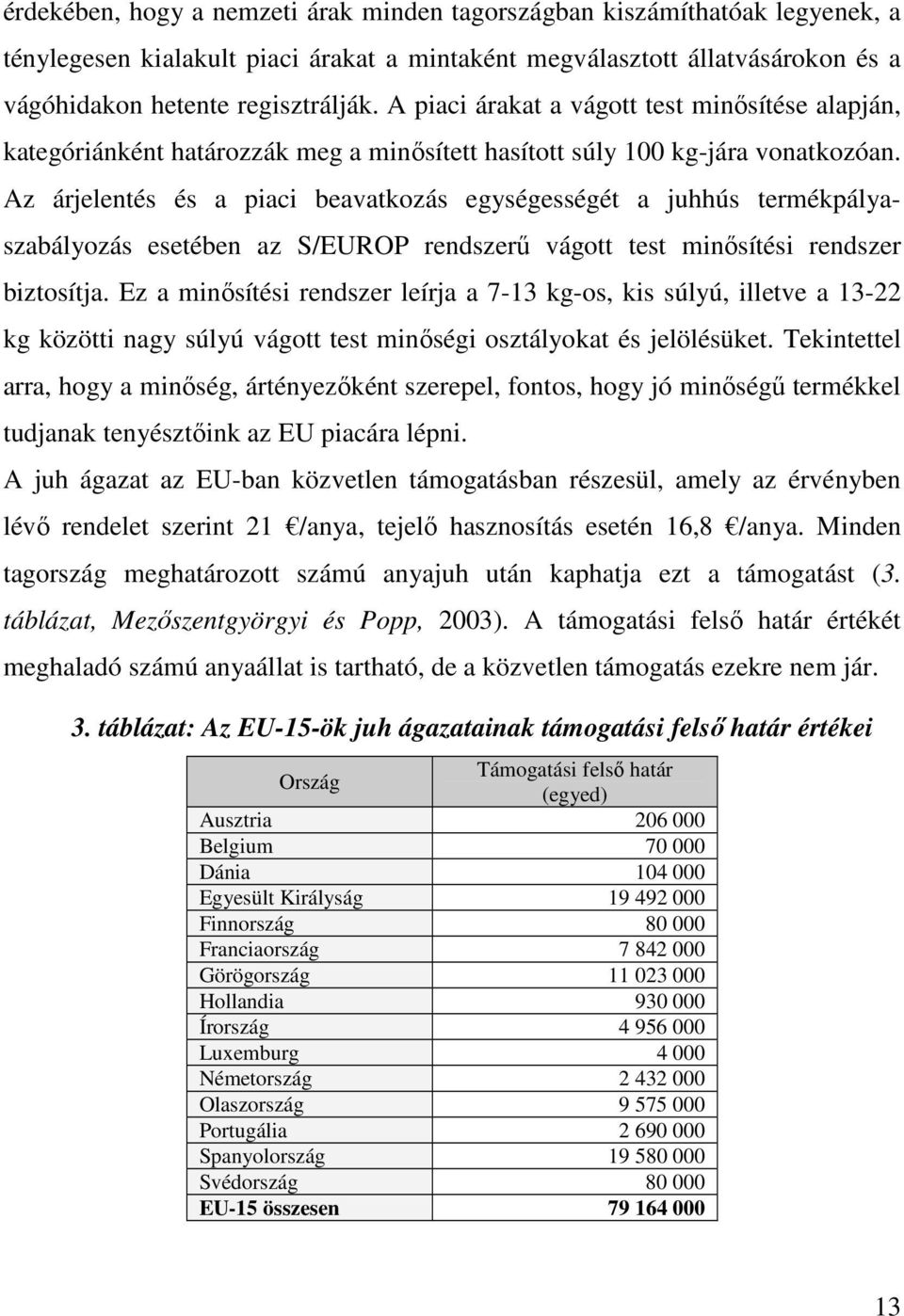 Az árjelentés és a piaci beavatkozás egységességét a juhhús termékpályaszabályozás esetében az S/EUROP rendszerő vágott test minısítési rendszer biztosítja.