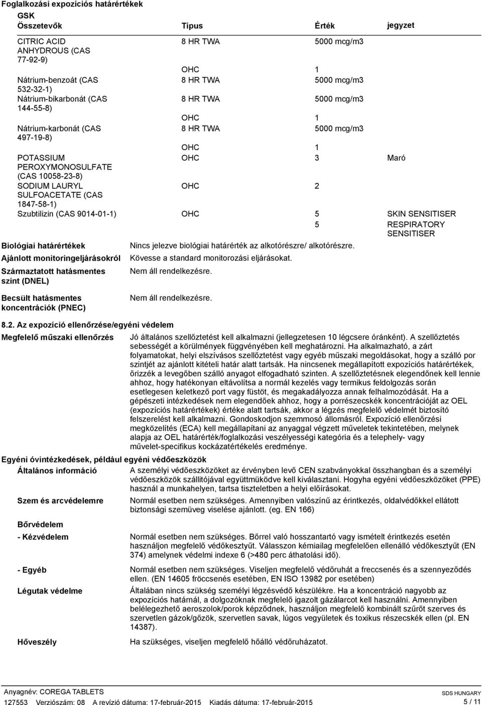 (DNEL) Becsült hatásmentes koncentrációk (PNEC) 8 HR TWA 5000 mcg/m3 OHC 1 8 HR TWA 5000 mcg/m3 8 HR TWA 5000 mcg/m3 OHC 1 8 HR TWA 5000 mcg/m3 OHC 1 OHC 3 Maró OHC 2 OHC 5 SKIN SENSITISER 5