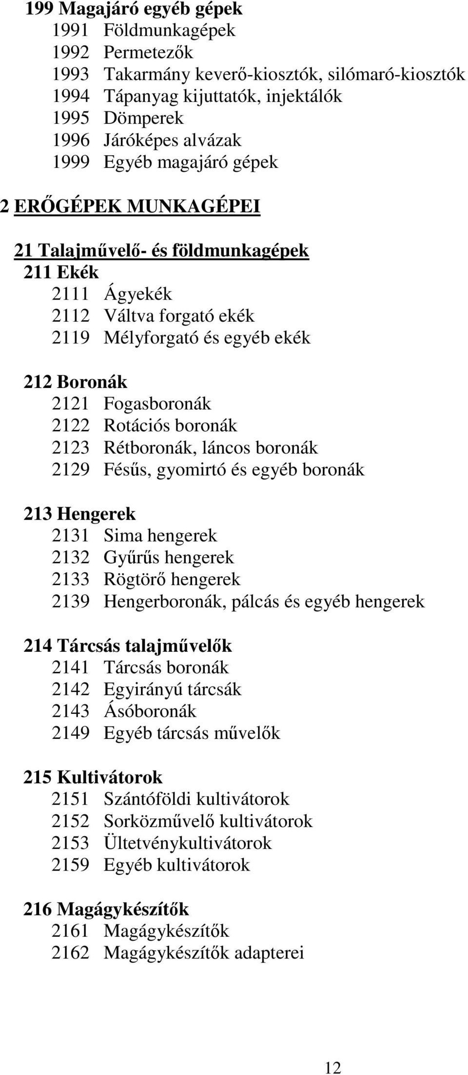 boronák 2123 Rétboronák, láncos boronák 2129 Fésűs, gyomirtó és egyéb boronák 213 Hengerek 2131 Sima hengerek 2132 Gyűrűs hengerek 2133 Rögtörő hengerek 2139 Hengerboronák, pálcás és egyéb hengerek