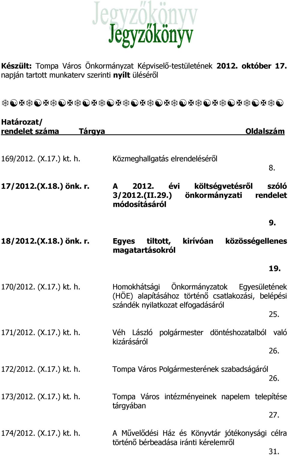 (X.17.) kt. h. Homokhátsági Önkormányzatok Egyesületének (HÖE) alapításához történő csatlakozási, belépési szándék nyilatkozat elfogadásáról 25. 171/2012. (X.17.) kt. h. Véh László polgármester döntéshozatalból való kizárásáról 26.