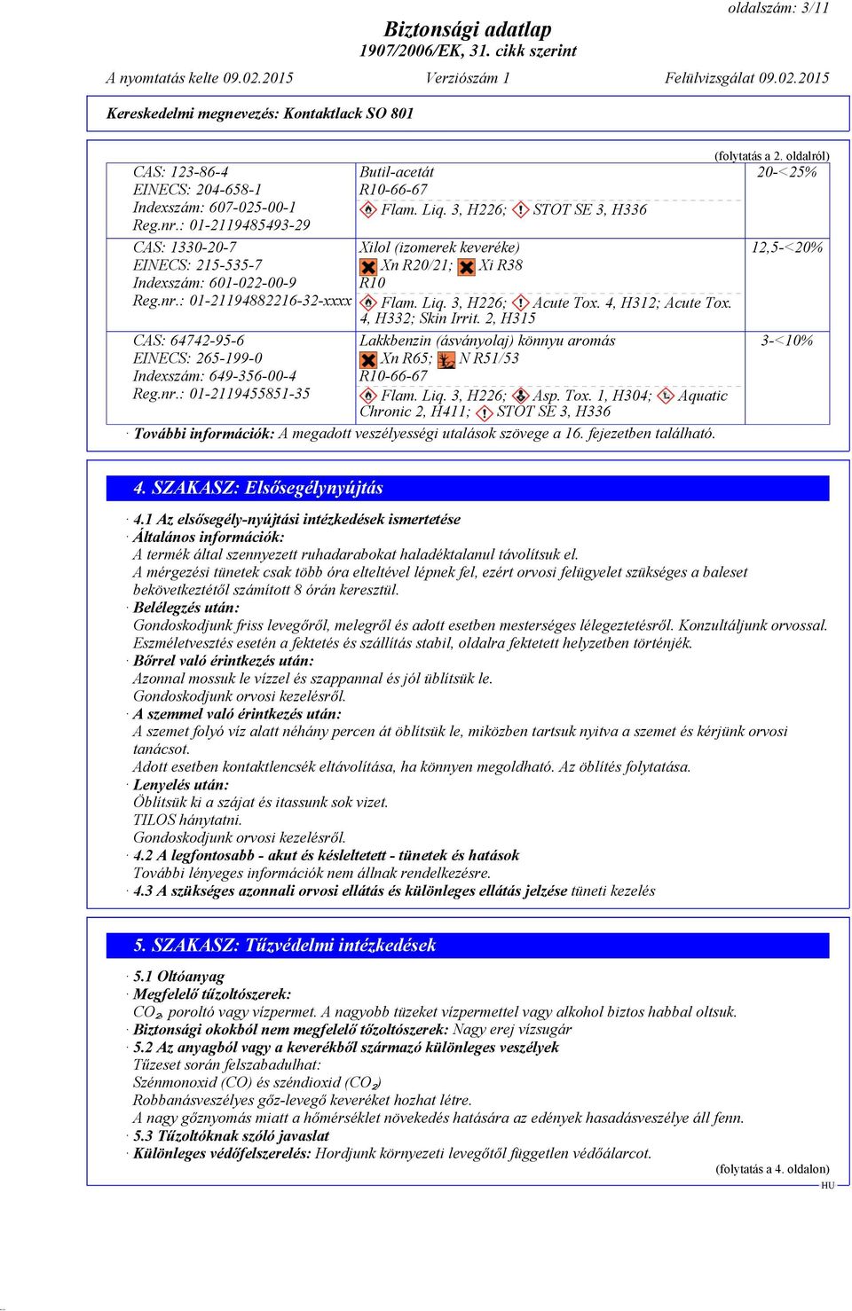 2, H315 Lakkbenzin (ásványolaj) könnyu aromás Xn R65; N R51/53 R10-66-67 Flam. Liq. 3, H226; Asp. Tox.