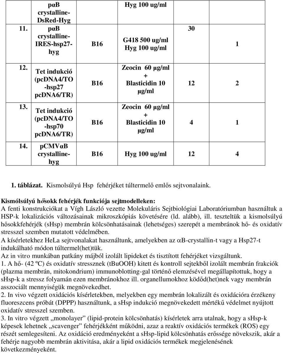 pcmvαb crystallinehyg B16 B16 Zeocin 60 μg/ml + Blasticidin 10 μg/ml Zeocin 60 μg/ml + Blasticidin 10 μg/ml 12 2 4 1 B16 Hyg 100 ug/ml 12 4 1. táblázat.