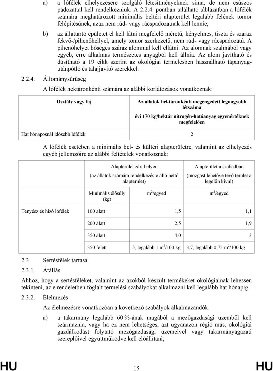 épületet el kell látni megfelelő méretű, kényelmes, tiszta és száraz fekvő-/pihenőhellyel, amely tömör szerkezetű, nem rúd- vagy rácspadozatú. A pihenőhelyet bőséges száraz alommal kell ellátni.