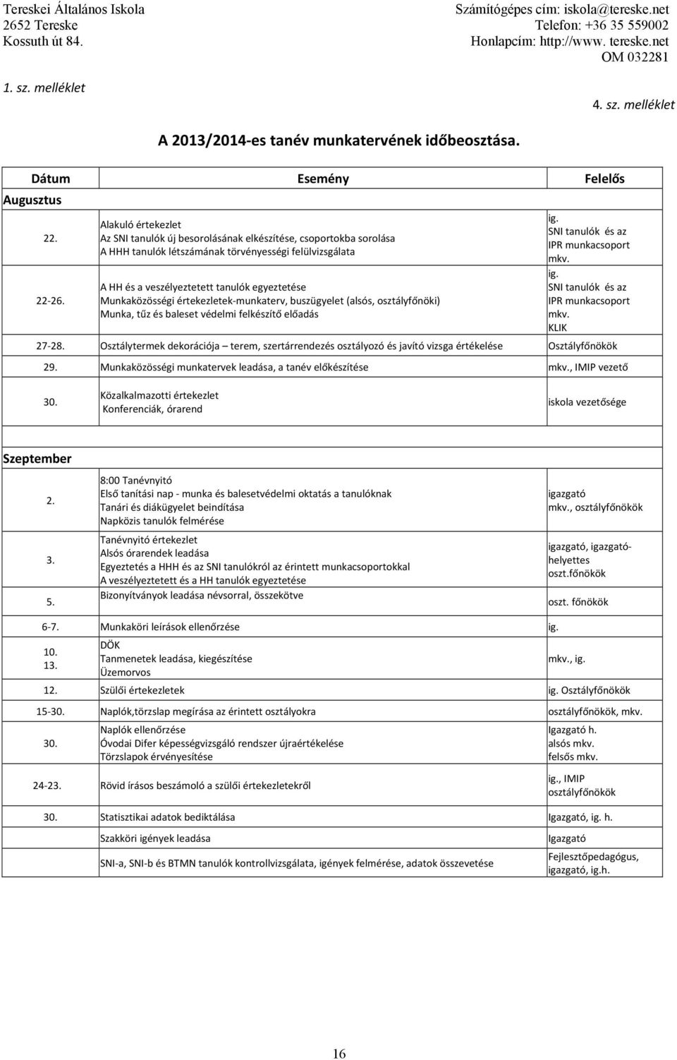 Munkaközösségi értekezletek munkaterv, buszügyelet (alsós, osztályfőnöki) Munka, tűz és baleset védelmi felkészítő előadás ig. SNI tanulók és az IPR munkacsoport mkv. ig. SNI tanulók és az IPR munkacsoport mkv. KLIK 27 28.