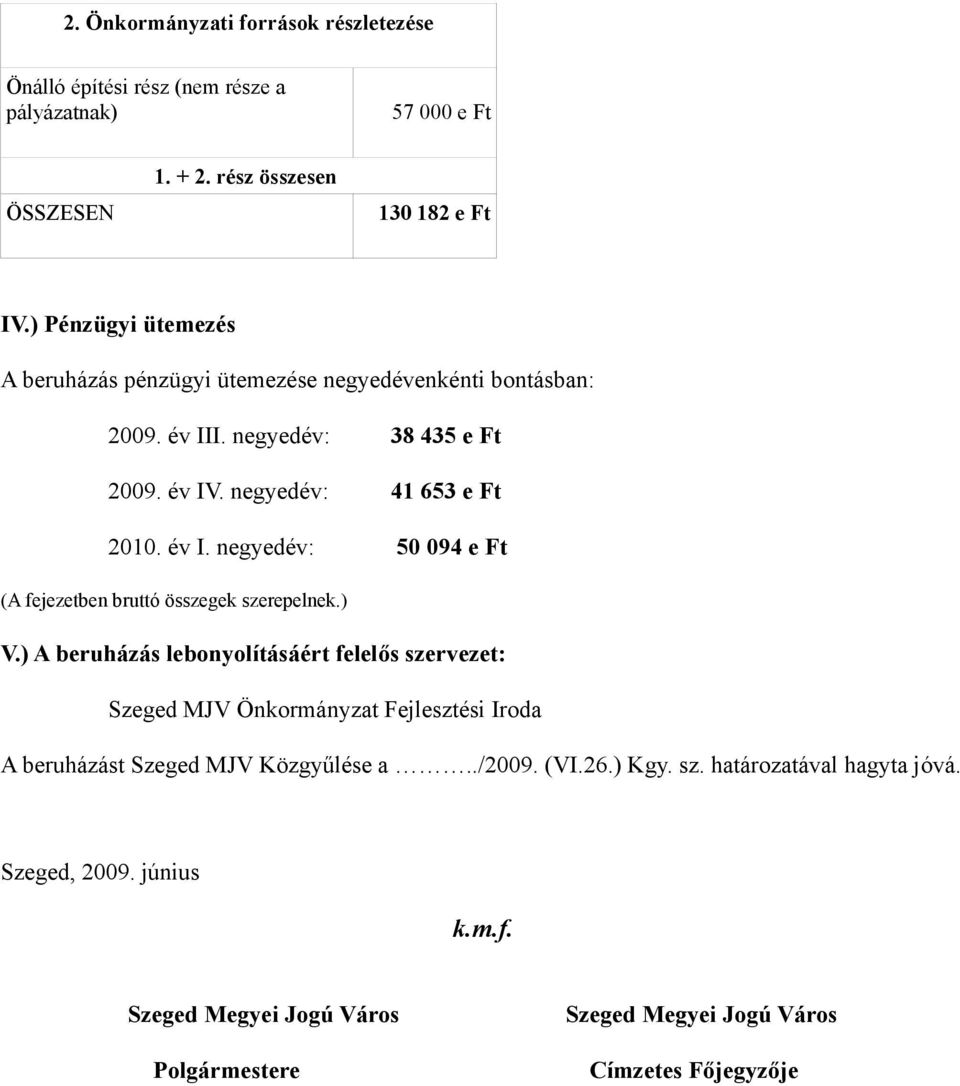 ) V.) A beruházás lebonyolításáért felelős szervezet: Szeged MJV Önkormányzat Fejlesztési Iroda A beruházást Szeged MJV Közgyűlése a../2009. (VI.26.) Kgy. sz. határozatával hagyta jóvá.