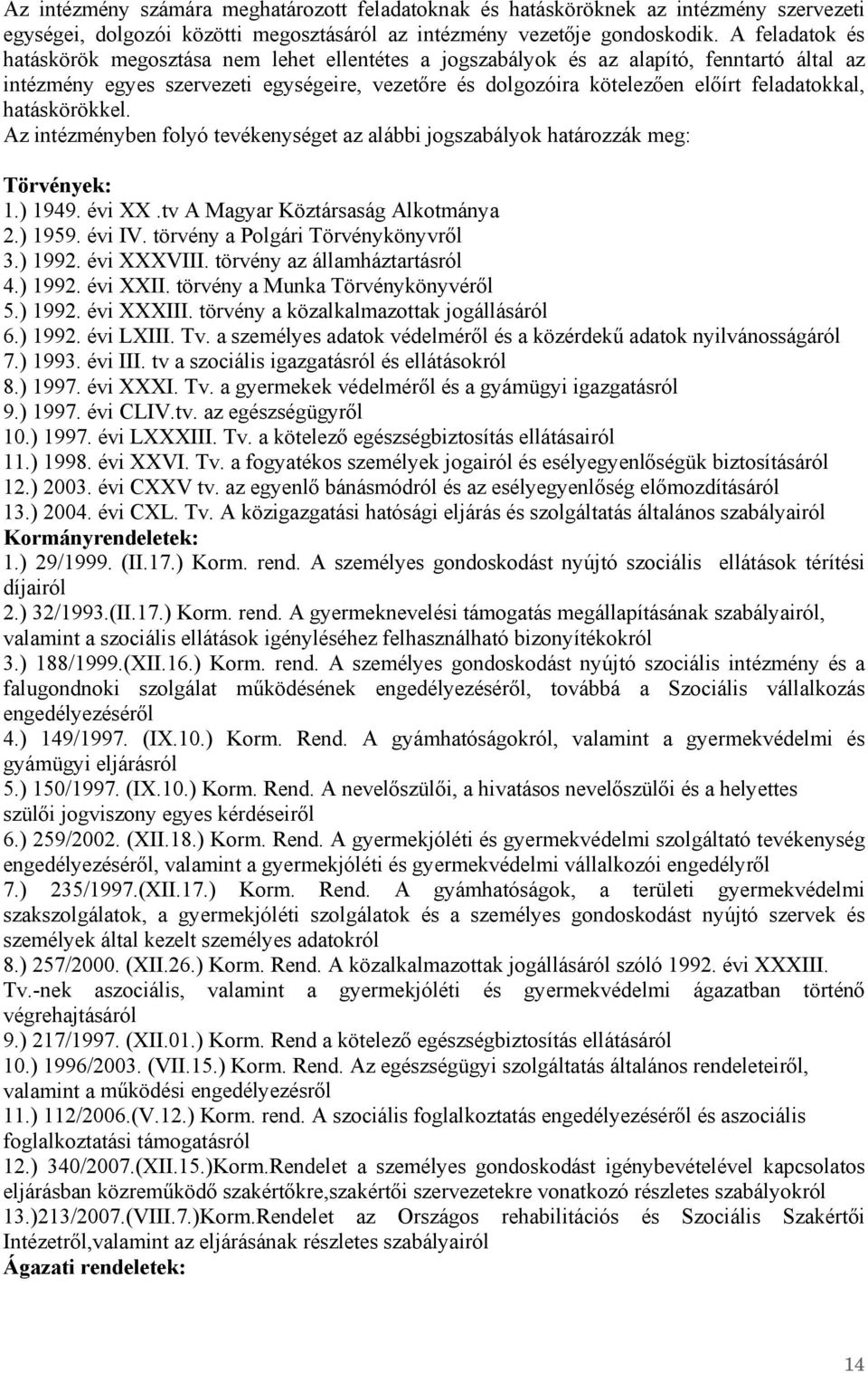 feladatokkal, hatáskörökkel. Az intézményben folyó tevékenységet az alábbi jogszabályok határozzák meg: Törvények: 1.) 1949. évi XX.tv A Magyar Köztársaság Alkotmánya 2.) 1959. évi IV.