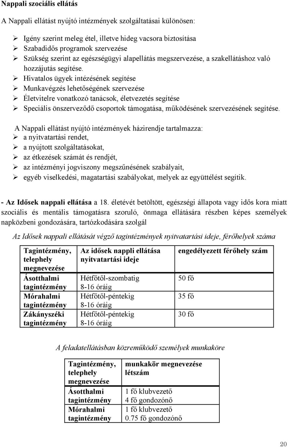 Hivatalos ügyek intézésének segítése Munkavégzés lehetőségének szervezése Életvitelre vonatkozó tanácsok, életvezetés segítése Speciális önszerveződő csoportok támogatása, működésének szervezésének