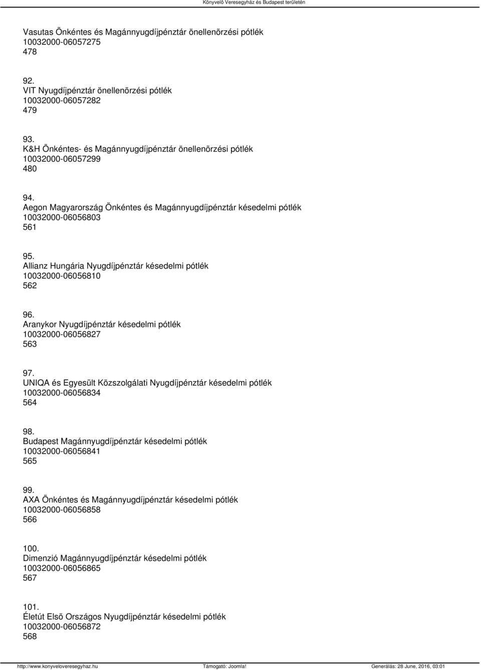 Allianz Hungária Nyugdíjpénztár késedelmi pótlék 10032000-06056810 562 96. Aranykor Nyugdíjpénztár késedelmi pótlék 10032000-06056827 563 97.