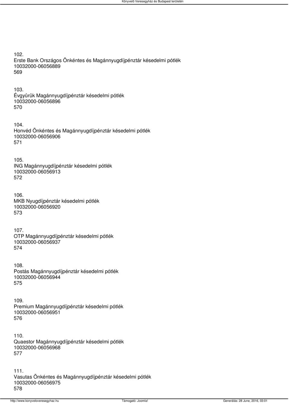 MKB Nyugdíjpénztár késedelmi pótlék 10032000-06056920 573 107. OTP Magánnyugdíjpénztár késedelmi pótlék 10032000-06056937 574 108.