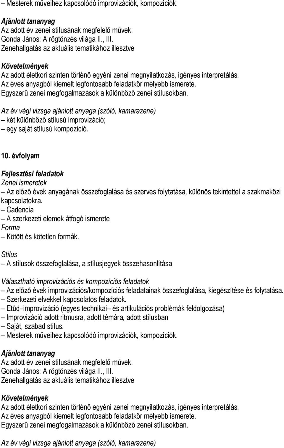 Egyszerű zenei megfogalmazások a különböző zenei stílusokban. két különböző stílusú improvizáció; egy saját stílusú kompozíció. 10.