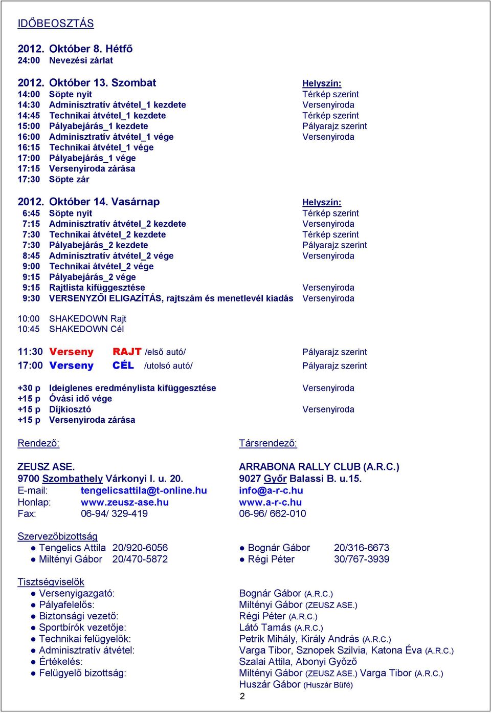 16:00 Adminisztratív átvétel_1 vége Versenyiroda 16:15 Technikai átvétel_1 vége 17:00 Pályabejárás_1 vége 17:15 Versenyiroda zárása 17:30 Söpte zár 2012. Október 14.