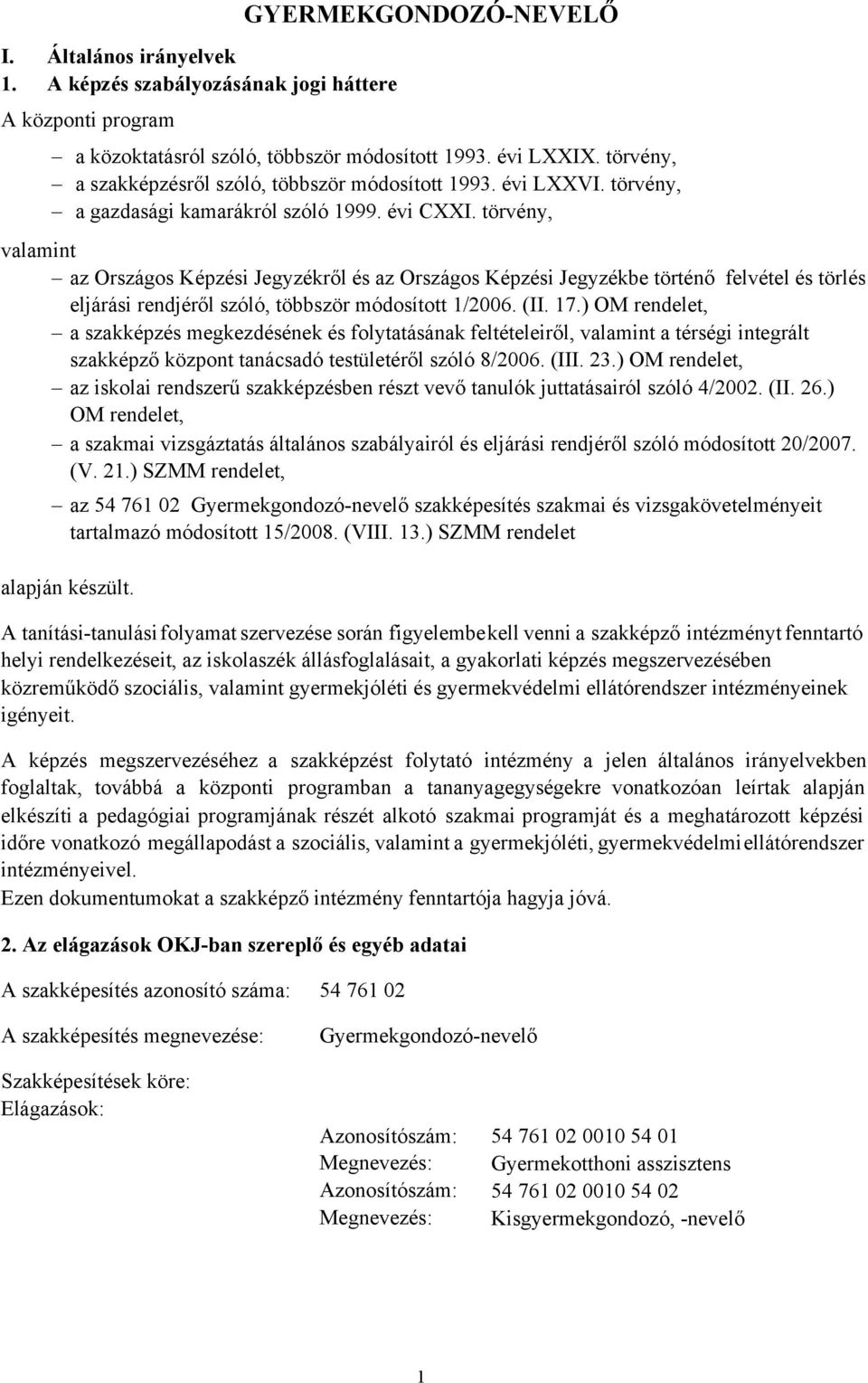 törvény, valamint az Országos Képzési Jegyzékről és az Országos Képzési Jegyzékbe történő felvétel és törlés eljárási rendjéről szóló, többször módosított 1/2006. (II. 17.