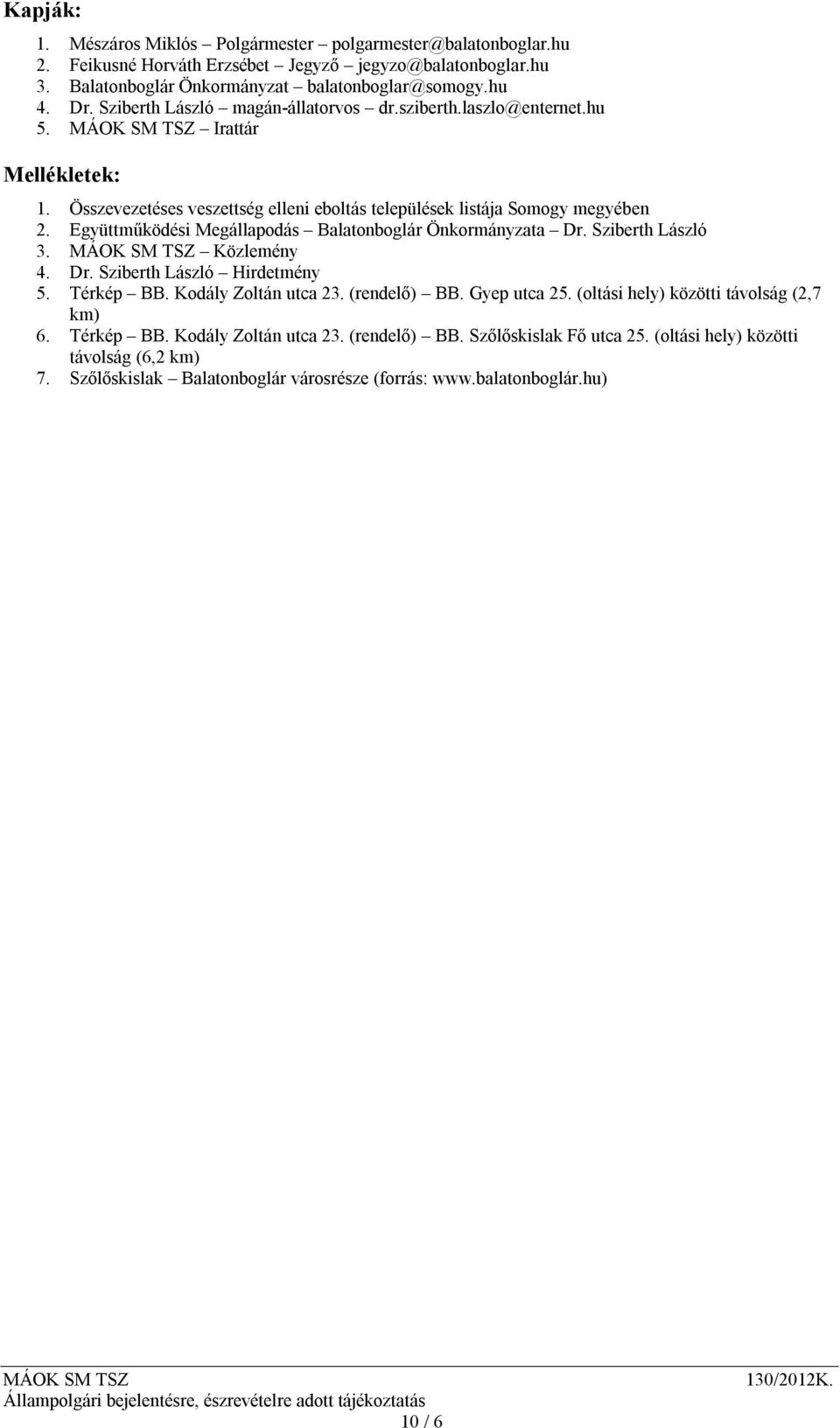 Együttműködési Megállapodás Balatonboglár Önkormányzata Dr. Sziberth László 3. Közlemény 4. Dr. Sziberth László Hirdetmény 5. Térkép BB. Kodály Zoltán utca 23. (rendelő) BB. Gyep utca 25.